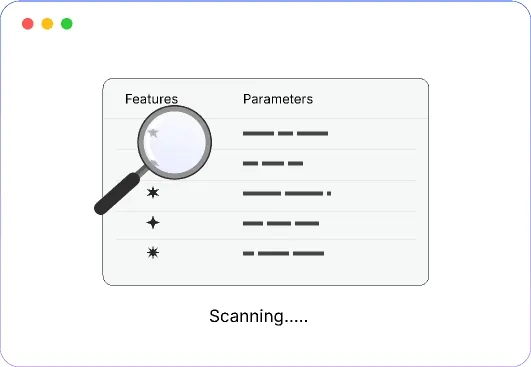A table of features and parameters being read row by row under a magnifier, labelled Scanning.